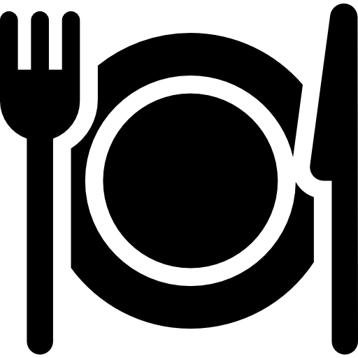 Black and white icon of a plate, fork, and knife